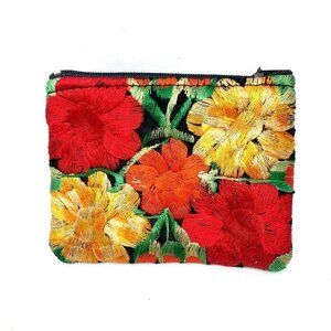 Embroidered Floral Cotton Zip Wallet-Red/Orange/Green/Black, Guatemala 4.5"x3.5"